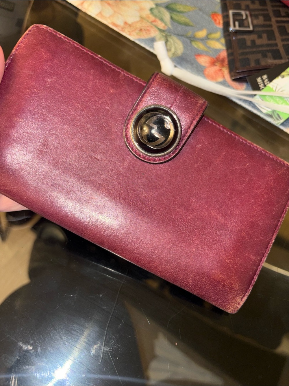 Gucci Deep Burgundy Leather Snap Wallet with Signature Button
